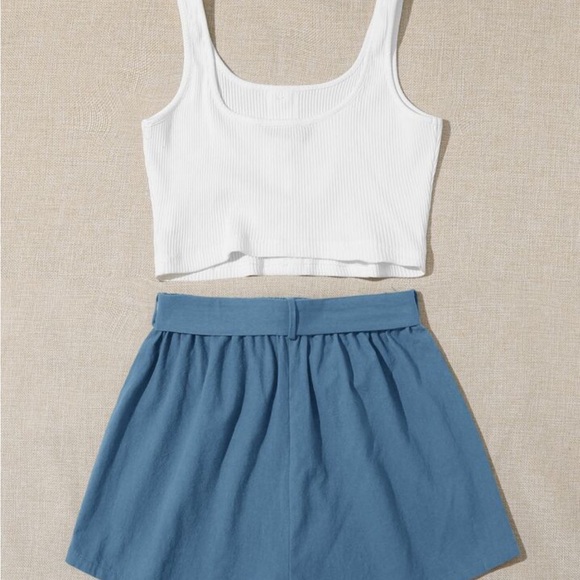 NWOT Shein ribbed knit button front crop tank top with paper bag belted shorts - Picture 2 of 7